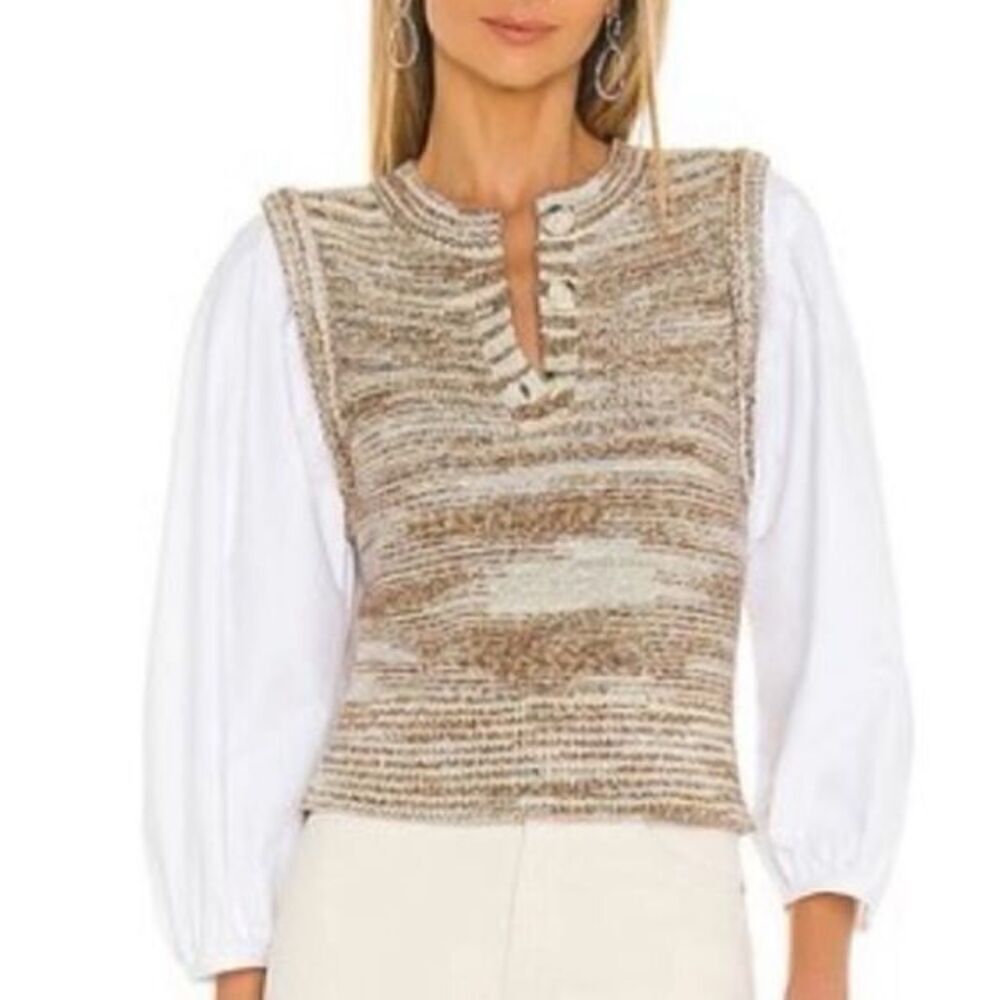 Veronica Beard Tahlea Mixed Media Knit Sweater Vest Balloon Sleeve Beige Size XS